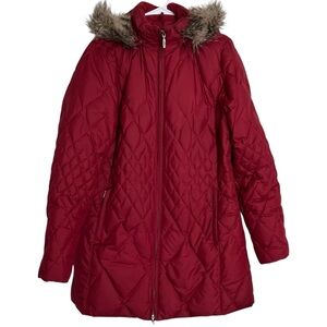EDDIE BAUER Goose Down Quilted Red Parka Jacket Faux Fur Lined Hood Size Large